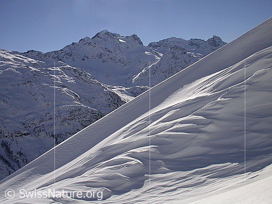 Foto: Interessant geformte Wächte/Schneeverwehung. Dahinter das Schwarzhorn.