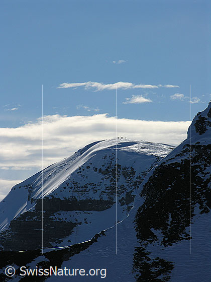 Foto: Blick vom Ankestock zum Rauflihorn. Auf dem Gipfel sind Skitourenfahrer zu erkennen.