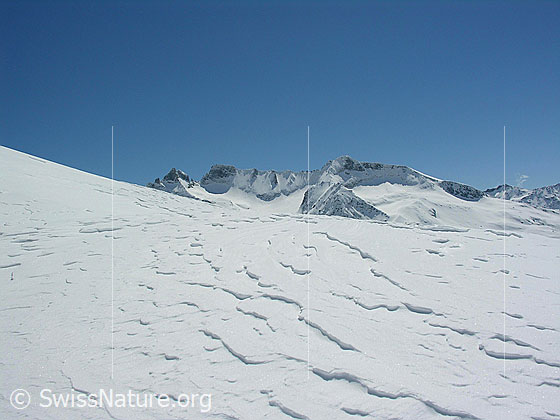 Foto: Blick vom Gandhorn über Schnee mit interessanter Struktur zu Kleinem Schinhorn, Grossem Schinhorn, Chollerhorn und Unters Schinhorn.