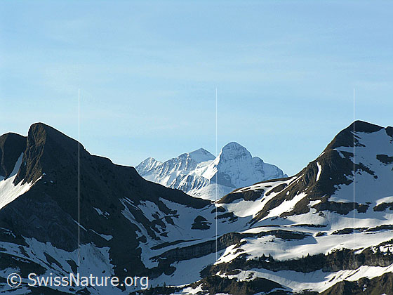 Foto: Im Aufstieg zum Hohgant: Blick über die Allgäulücke auf Rosenhorn, Mittelhorn und Wetterhorn. Links das Ällgäuhorn, der erste Aufschwung auf dem Weg zum Tannhorn, rechts das Schnierenhörnli.