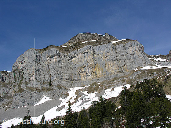 Foto: Im Gebiet der Hohganthütte: Blick Richtung Furggengütsch. Zu sehen sind die Felstürme und Felswände, welche von der Steinige Matte gegen Süden abfallen.