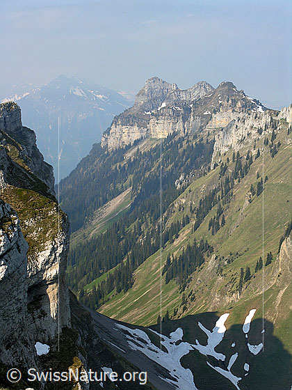 Foto: Blick vom Gipfel Richtung SW: Felswände der Sieben Hengste, Sichle (dahinter das Justistal), Sigriswiler Rothorn.