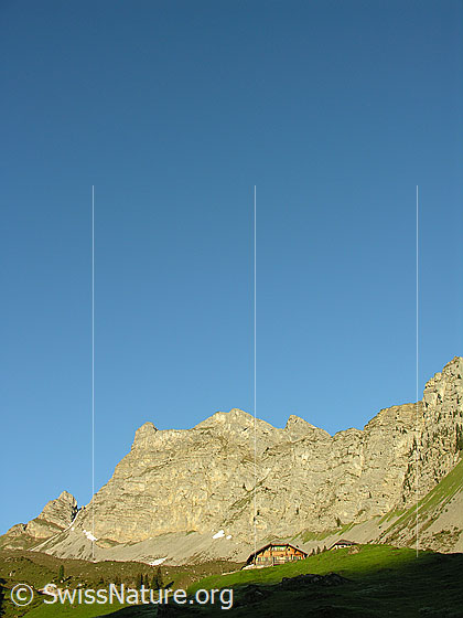 Foto: Im Aufstieg zu Rauflihorn: Alp Grimmi im Morgenlicht. Im Hintergrund das Rothorn mit seinen Felswänden.