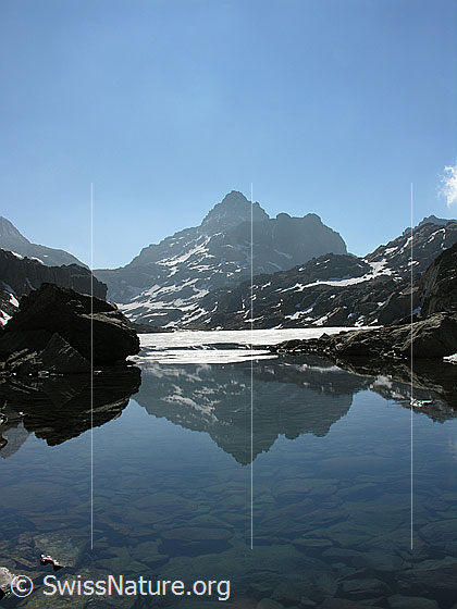 Foto: Blick über die Spiegelung im Züesee zum Grampielpass und Grampielhorn. Ein Teil des Sees ist noch eisbedeckt. Im klaren Bergsee sind Steinplatten zu sehen. Ein grosser Felsblock spiegelt sich im Wasser.