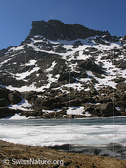 Foto: Blick über eine rötliche Felsplatte und den eisbedeckten Züesee zum Rothorn. Durch das Tauen hat sich über der Eisdecke Schmelzwasser gebildet.