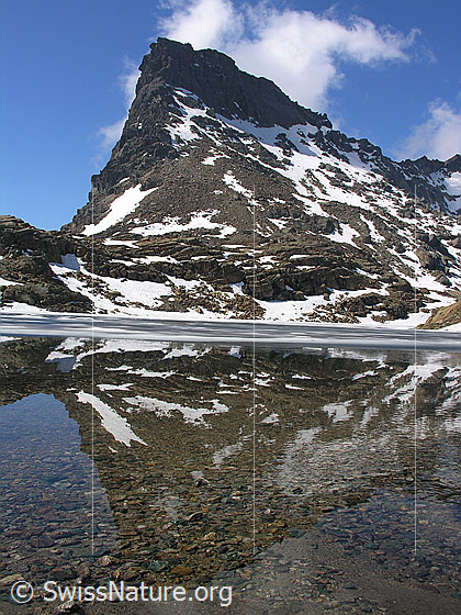 Foto: Spiegelung des Rothorns im klaren Geisspfadsee. Der Bergsee ist noch teilweise eisbedeckt.