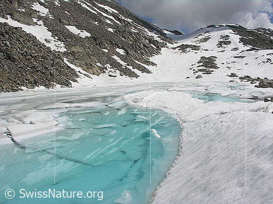 Foto: Blick über den zugefrorenen Schwarzsee zum Mittelbergpass. Die Eisdecke ist teilweise in Schollen gebrochen. Das Schmelzwasser auf der Eisoberfläche ist hellblau bis türkis gefärbt.
