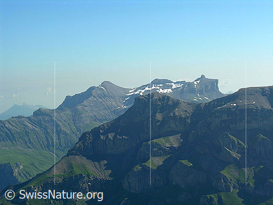 Foto: Schwalmere, Hoganthorn und Drättehorn von SW.
Im Vordergund der Zahm Andrist.