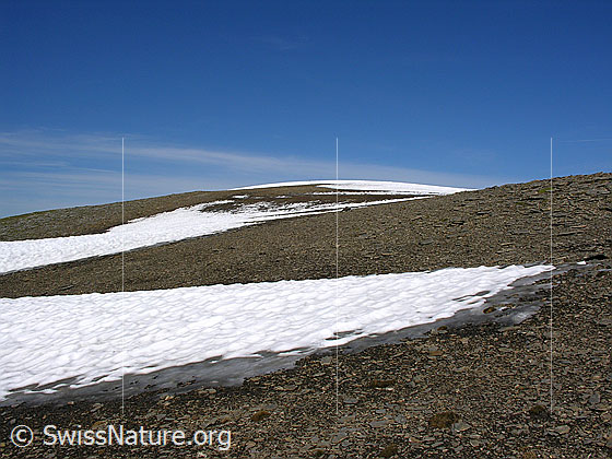 Foto: Der flache Gipfel des Bundstock. Schneefelder und Geröll, darüber blauer Himmel,
