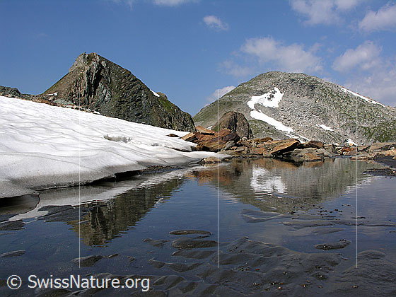 Foto: Blauseelicke und Oberblatthorn. Davor: Schneefeld, kleine Schwemmebene, mit Spiegelung.