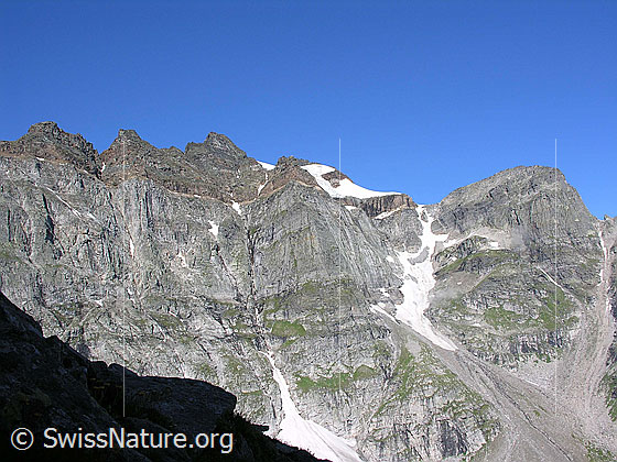 Foto: Im Aufstieg zum Ritterpass/Helsegletscher: Blick zu den steil abfallenden Felswänden des Hillehornmassivs.