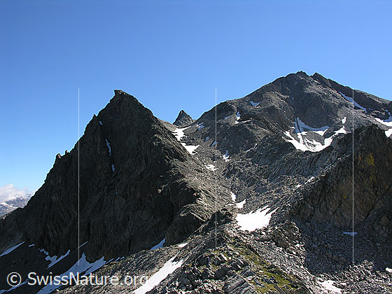 Foto: Blick vom Halbelfjoch beim Wannigletscher Richtung Fleschhorn und Punta Gerla. Dazwischen der Gipfel des Schwarzhorns.