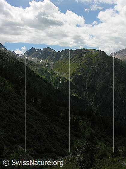 Foto: Blick vom Flesch nach Heiligkreuz und ins Mättital mit Steinijoch und Rothorn bis Meiggerhorn.
