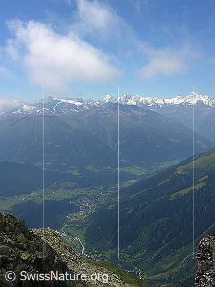 Foto: Blick vom Risihorn ins Fieschertal. Im Hintergrund die Walliser Alpen.