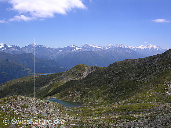 Foto: Unterhalb des Risihorns. Blick auf den Mittelsee und die Walliser Alpen.