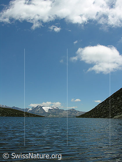Foto: Unterhalb des Risihorns. Blick über den Mittelsee auf Rappehorn, Ober Rappehorn, Turbechepf und Holzjihorn.