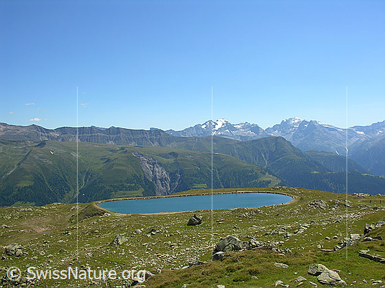 Foto: Künstlicher See für Beschneiungsanlagen auf Bidmere, Bellwald. Im Hintergrund Schweifegrat, Scherbadung und Helsenhorn.