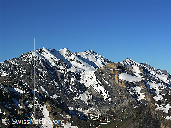 Foto: Blick vom Schilthorn auf die Blüemlisalp mit Morgenhorn, Wyssi Frau, Blüemlisalphorn und Doldenhorn. Im Vordergrund: Wildi Frau.