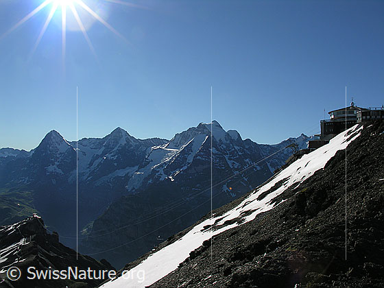 Foto: Im Abstieg vom Schilthorn. Blick auf Eiger, Mönch, Jungfrau und Restaurant Piz Gloria.