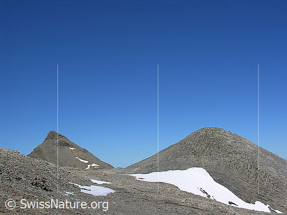 Foto: Im Aufstieg zum Hundshorn. Blick über karge Landschaft mit Schneefeld zum Wild Andrist.