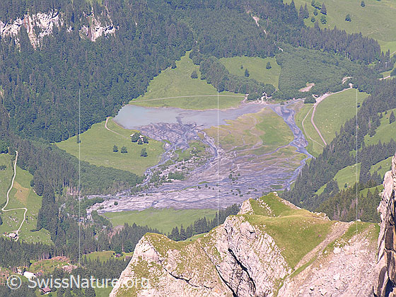 Foto: Tiefblick vom Hundshorn auf den Tschingelsee (Kiental). Der Bergsee wird zu einer Schwemmebene.