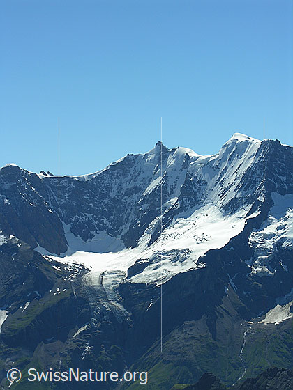 Foto: Blick vom Hundshorn zu Louwihorn, Louwitor, Gletscherhorn, Gletscherjoch und Äbeni Flue mit imposanter Nordwand. Darunter: Rottal, Stuefesteigletscher und eine Gletscherzunge des Breitlouwenengletschers.