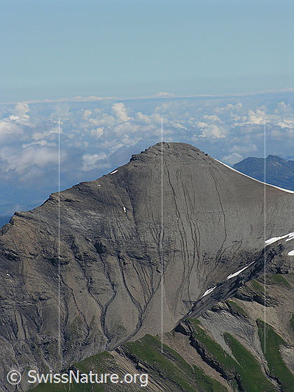 Foto: Blick vom Hundshorn zur Schwalmere mit Spuren der Erosion. Im Vordergrund der Grat zum Hoganthorn.