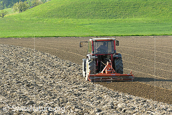 Foto: Landwirt auf Traktor beim Bearbeiten von Ackerland.