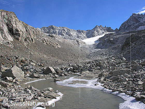 Foto: Blick über Schwemmebene mit viel Geröll und gefrorenem Ufer eines ruhigen Bergbachs. Im Hintergrund: Tälligletscher und Hohsandjoch.