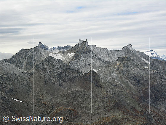 Foto: Blick vom Tälli auf leicht verschneites Felsmassiv. Zu sehen sind Scherbadung, Bochtehorn (Vordergrund), Grosses Schinhorn, Kleines Schinhorn, Unters Schinhorn, Seewischhorn (Vordergrund) und Hillehorn.
