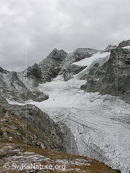 Foto: Blick über den Tälligletscher zum leicht verschneiten Ofenhorn.