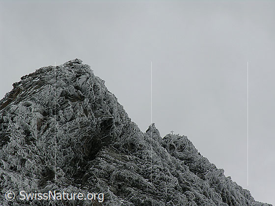 Foto: Gefrorener Schnee am Gipfel des Ofenhorns. Das Gipfelkreuz ist schwach erkennbar.