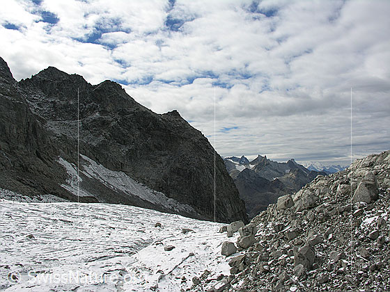 Foto: Tälligletscher und Ausläufer des Ofenhorns. Im Hintergrund: Scherbadung und Schinhörner.