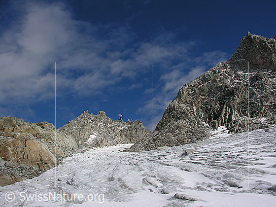 Foto: Blick über den Tälligletscher zu den Felstürmen beim Hohsandjoch.