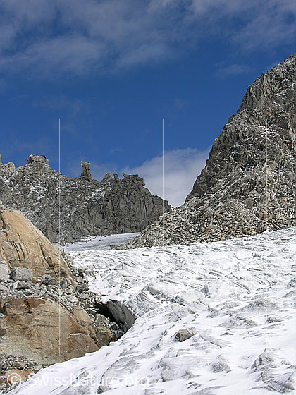 Foto: Blick über den Tälligletscher zu den Felstürmen beim Hohsandjoch.