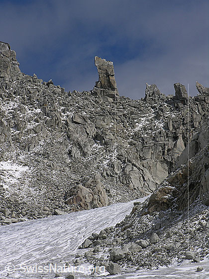 Foto: Blick über den Tälligletscher zu den Felstürmen beim Hohsandjoch.