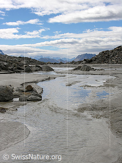 Foto: Ruhiger Bergbach mit sandigem Ufer und Felsblöcken in der Schwemmebene des Tälli. Im Hintergrund ist das Bättlihorn zu sehen.