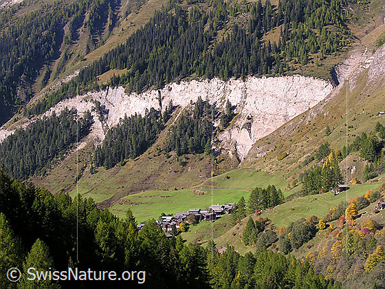 Foto: Bergdorf Imfeld, Binntal, mit Wäldern und Felswand im Hintergrund. Die ersten Herbstfarben sind erkennbar.