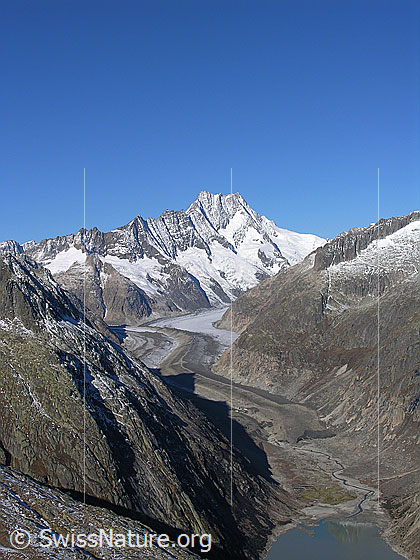 Foto: Im Aufstieg zum Sidelhorn. Blick auf das westliche Ende des Grimselsees mit Schwemmebene (Gletschervorfeld), Unteraargletscher mit markanter Mittelmoräne und Lauteraargletscher. Im Hintergrund: Hugihorn, Klein Lauteraarhorn, Lauteraarhorn, Schreckhorn.