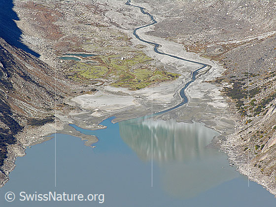 Foto: Tiefblick auf das Gletschervorfeld zwischen Grimselsee und Unteraargletscher.
