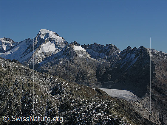 Foto: Blick vom Sidelhorn zum Tiefenstock, Galenstock, Sidelenhorn, Gross Furkahorn, Klein Furkahorn und auf die Gletscherzunge des Rhonegletschers.