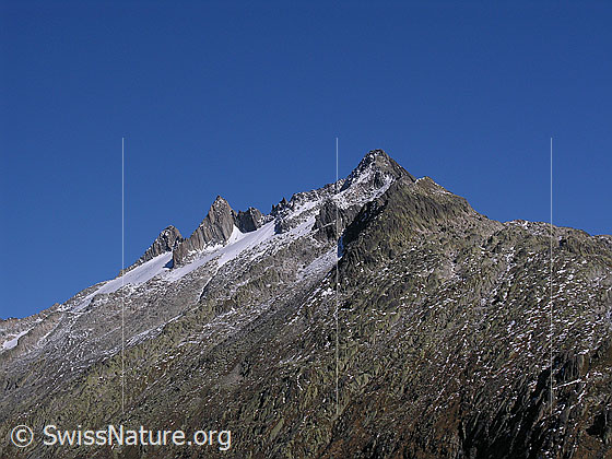 Foto: Im Abstieg vom Sidelhorn, etwas oberhalb des Grimselpasses. Blick zu den Gärstenhörnern mit Gärstengletscher.