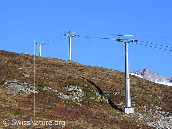 Foto: Skilift bei Belalp. Die Masten führen über einen herbstlich gefärbten Berghang.