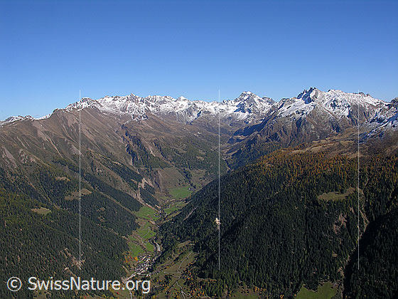 Foto: Aussicht vom Breithorn über das Binntal (V-Tal) zum Schweifegrat und auf die verschneiten Gipfel (u.a. Turbhorn, Hohsandhorn, Ofenhorn, Schinhörner). Im Talgrund ist das Dorf Binn erkennbar. Lawinenschutzwälder schützen das bewohnte Gebiet des Bergtals.
