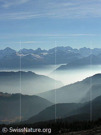 Foto: Im Abstieg vom Hohgant West. Blick über feine Nebelschichten zwischen Gratkanten zu den Berner Alpen.