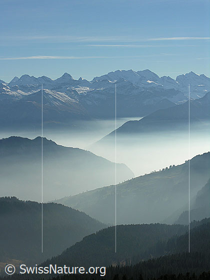 Foto: Im Abstieg vom Hohgant West. Blick über feine Nebelschichten zwischen Gratkanten zu den Berner Alpen.