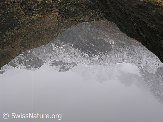 Foto: Spiegelung des leicht verschneiten Tällis und Ofenhorns mit herbstlicher Umgebung im Halsesee.