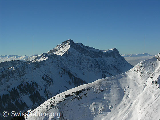 Foto: Blick vom Böli über einen schneebedeckten Grat zum Hohgant.