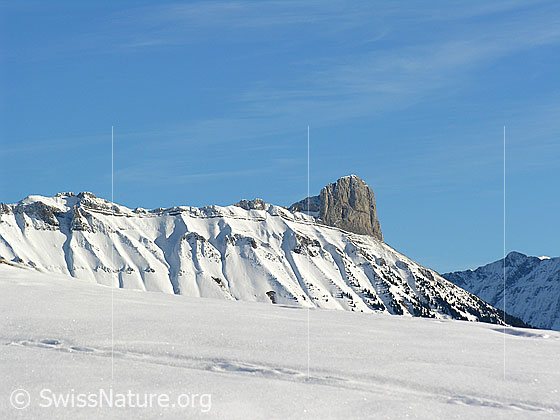 Foto: Blick vom Wachthubel zum Schibengütsch (Schrattenfluh). Die Furchen des Felsmassivs kommen im Schnee gut zur Geltung.