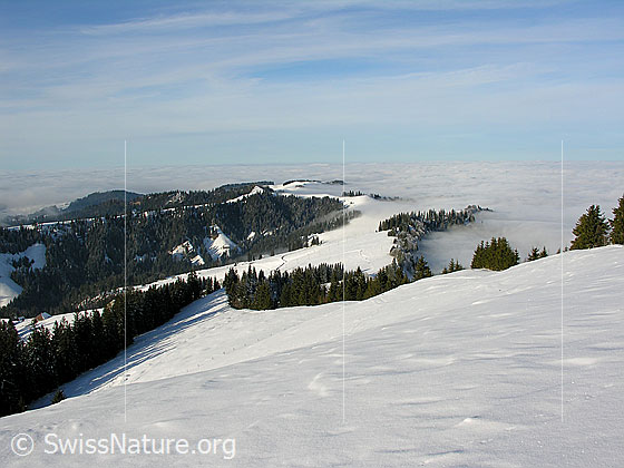 Foto: Blick vom Wachthubel über die schneebedeckte Emmentaler Hügellandschaft bei Rämisgummen auf die Nebelgrenze und ein umfassendes Nebelmeer über dem Mittelland.